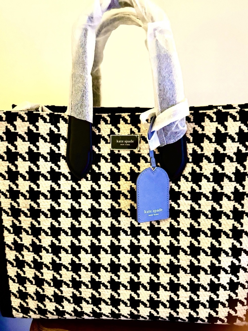 Kate Spade Manhattan Houndstooth Tweed Large Tote Black & White